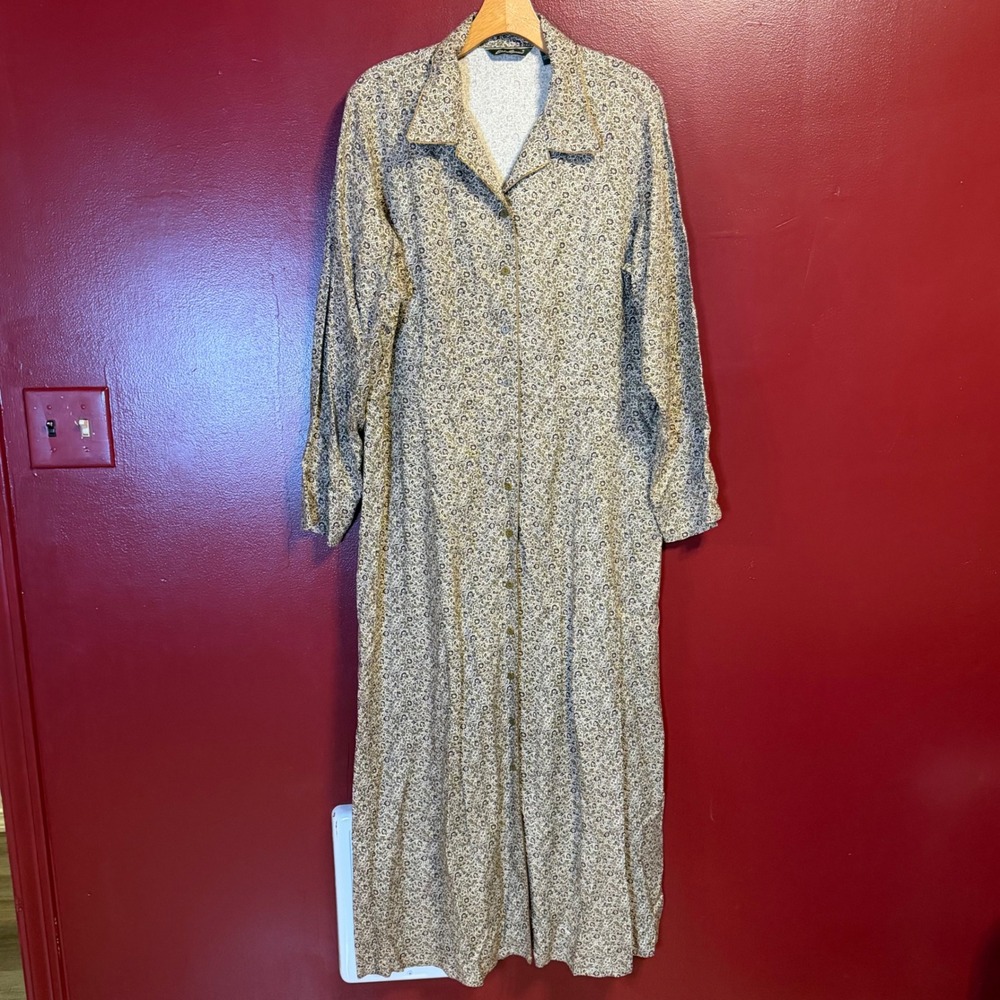 Vintage Eddie Bauer Floral Maxi Shirt Dress  Size 18 Brown Green Fall Lagenlook